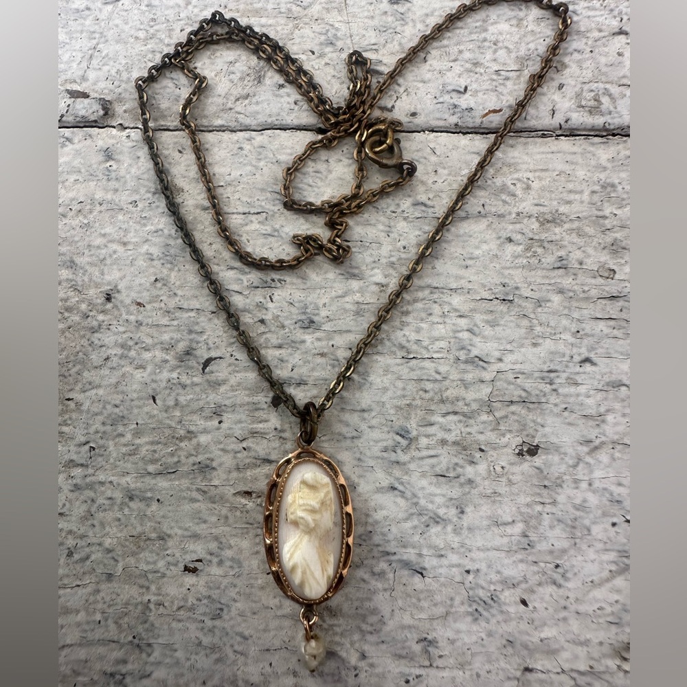 Antique Carved Cameo Gold? Pearl Dangle Pendant On Chain
